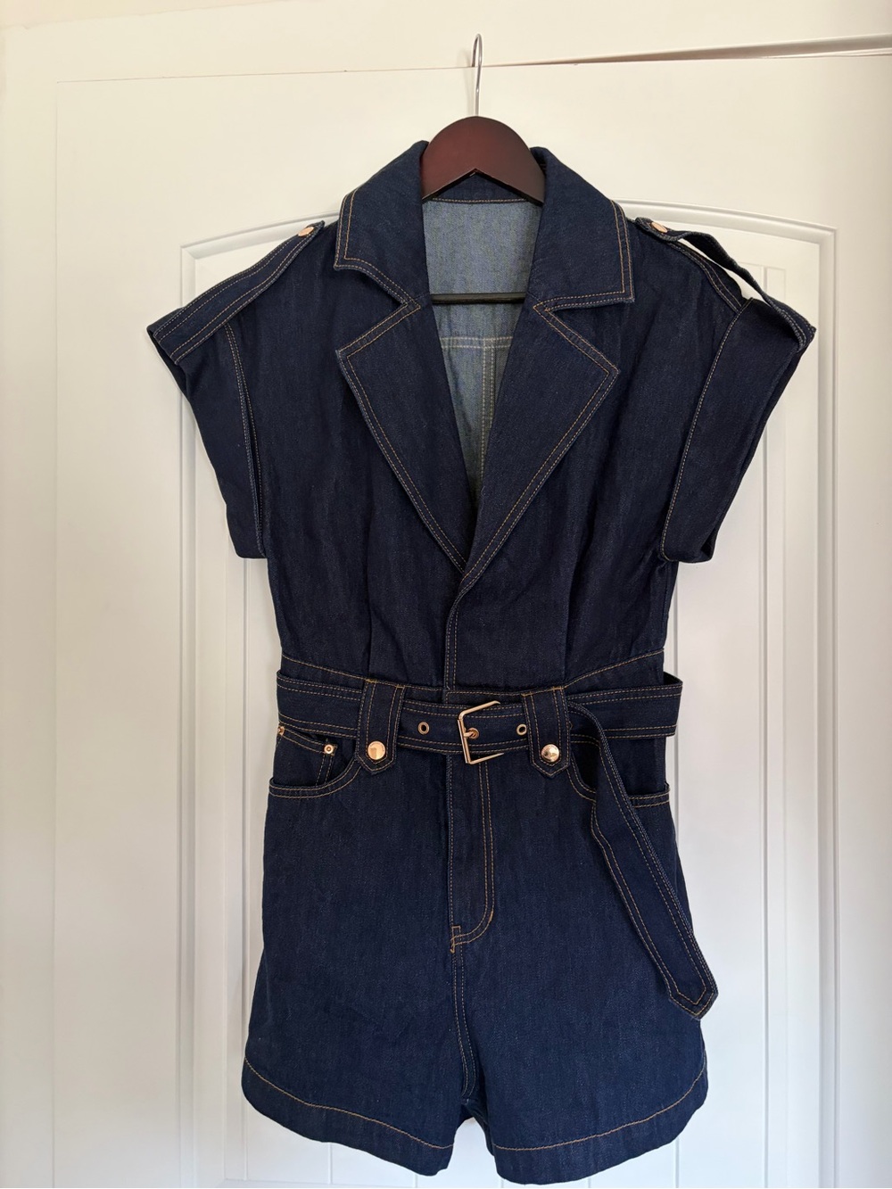 Dark Blue Denim Short-Sleeve Romper with Belt